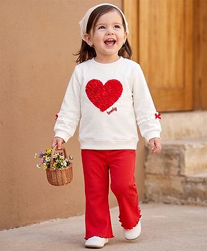 Babyhug 100% Cotton Single Jersey Knit Full Sleeves Top & Leggings Set with Heart Applique - White & Red