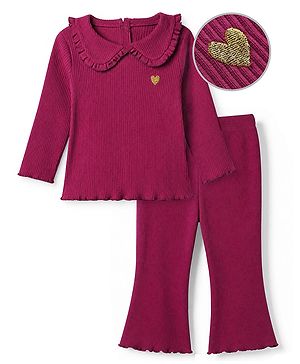 Babyhug 100% Cotton Knit Full Sleeves Top & Leggings Set With Heart Patch - Purple