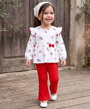 Babyhug 100% Cotton Single Jersey Knit Full Sleeves Floral Printed Top & Leggings Set - White & Red