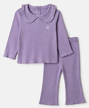 Babyhug 100% Cotton Single Jersey Knit Ribbed Full Sleeves Top and Leggings Set With Heart Embroidery - Purple
