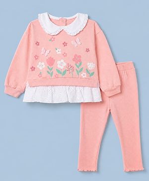 Babyhug 100% Cotton Single Jersey Knit Full Sleeves Top and Leggings with Full Length and Butterfly Applique in Pink