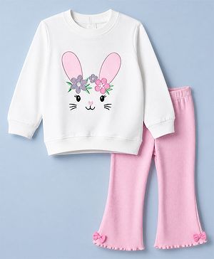 Babyhug 100% Cotton Single Jersey Knit Full Sleeves Top and Leggings Set With Bunny Print & Floral Embroidery & Bow Applique - White & Pink