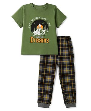 Pine Kids Cotton Knit Half Sleeves Co-Ords T-Shirt & Pyjama Night Suit with Typography & Mountain Print - Green