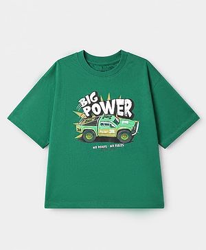 Pine Kids 100% Cotton Knit T-Shirts with Oversized and Half Sleeves Truck Print - Green