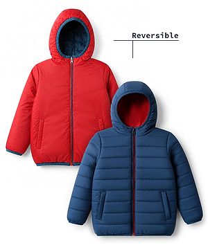 Pine Kids Woven Full Sleeves Padded Hooded Winter Reversible Jacket - Navy Blue