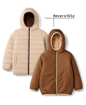 Pine Kids Woven Full Sleeves Padded Hooded Winter Reversible Jacket - Rust Orange