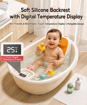 Babyhug Baby Bath Tub with Soft Silicone Backrest & Temperature Sensor Orange| Built-in Touch Water Temperature Monitor| Anti-Slip Base| Soft Headrest| Storage Tray| Suitable for 0 to 3 Years