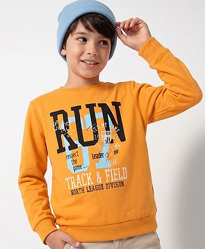 Pine Kids Knit Full Sleeves Apricot Sweatshirt With Run Text Print - Orange
