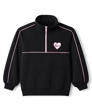 Pine Kids 100% Cotton Knit Sweatshirt with Full Sleeves and Heart Print in Black