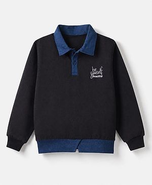 Pine Kids 100% Cotton Knit Sweatshirt with Full Sleeves and Girl Boss Embroidery in Black