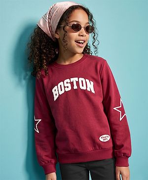 Pine Kids 100% Cotton Knit Sweatshirt with Full Sleeves and Boston Applique - Red