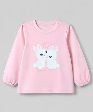 Babyhug 100% Cotton Knit Full Sleeves T-Shirts with Rabbit Print - Baby Pink