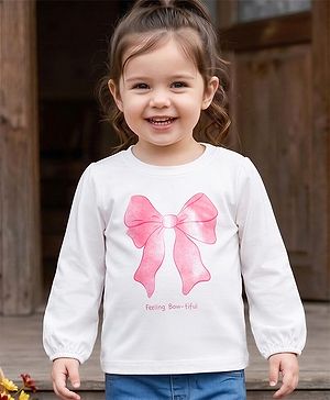 Babyhug 100% Cotton Knit T-Shirt with Full Sleeves and Bow Applique in White