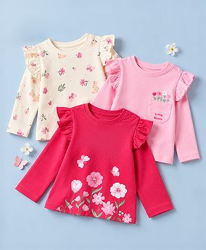 Babyhug 100% Cotton Knit Full Sleeves T-Shirts with Frill Detail and Flowers And Butterflies Print Pack of 3 - Light Pink Peach Dark Pink