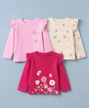 Babyhug 100% Cotton Knit Full Sleeves T-Shirts with Frill Detail and Flowers And Butterflies Print Pack of 3 - Light Pink Peach Dark Pink