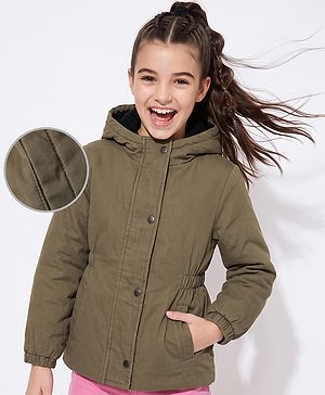 Pine Kids Woven Front Open Solid Hooded Winter Jacket with Full Sleeves - Olive Green