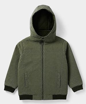 Pine Kids Woven Hoodie with Full Sleeves in Olive Green
