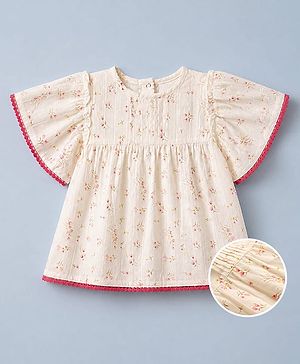 Babyhug 100% Cotton Dobby Woven Half Sleeves Aop Top With Butterfly Sleeve And Floral Print - White