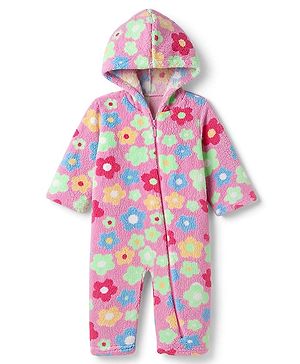 Babyhug Fur Knit Full Sleeves Hooded Winter Wear Romper With Floral Print - Pink