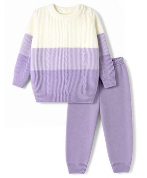 Babyhug Knit Full Sleeves  Sweater Set With Color Block & Cable Knit Design - Purple