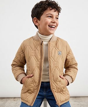 Pine Kids Woven Jacket with Full Sleeves, Geometric Embroidered Pattern in Beige for 4-5 Years