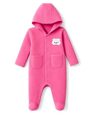 Babyhug Knit Full Sleeves Hooded Winter Wear Romper  With Fox Patch - Fuchsia
