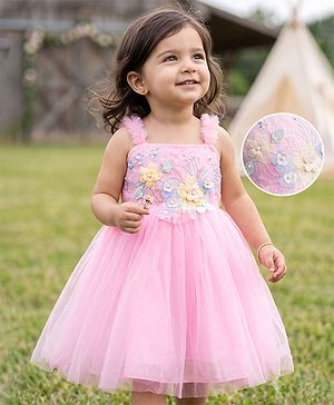 Babyhug Mesh Woven Sleeveless Party Wear Floral Embroided Dress  - Pink