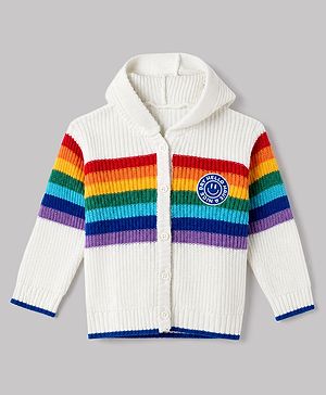 Babyhug Knit Full Sleeves Striped Hooded Front Open Sweater With Patch - White