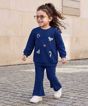 Babyhug 100% Cotton Single Jersey Knit Full Sleeves Top & Pants With Bow & Heart Sequin Detailing - Navy Blue