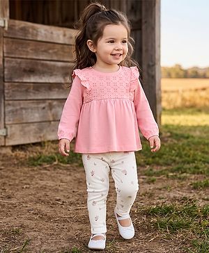 Babyhug Single Jersey Knit Full Sleeves Top & Floral Printed Leggings Set - Pink