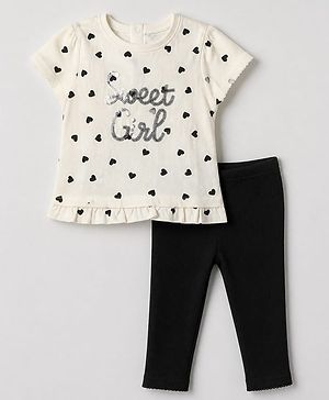 Babyhug 100% Cotton Single Jersey Half Sleeves Top and Leggings with Full Length, Sweet Girl Sequins and Hearts Print - White