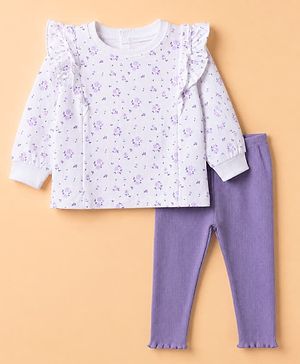 Babyhug 100% Cotton Single Jersey Knit Full Sleeves Top and Leggings with Frill Details and Floral Print - White & Lavender