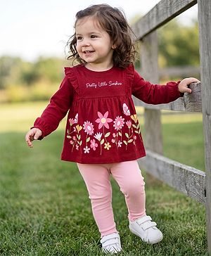 Babyhug 100% Cotton Single Jersey Knit Full Sleeves Top and Leggings with Floral Print - Maroon