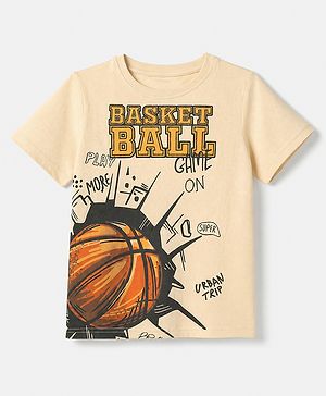 Pine Kids 100% Cotton Knit T-Shirts with Half Sleeves and Basketball Print in Offwhite for 4-5 Years