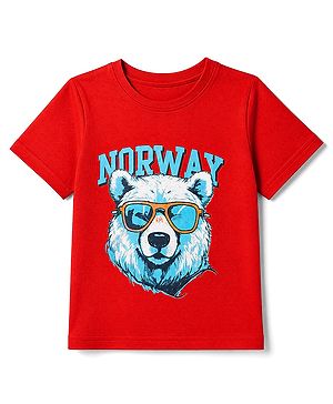 Pine Kids 100% Cotton Knit T-Shirt with Half Sleeves and Bear Print in Red