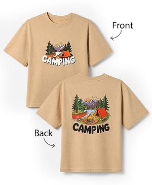 Pine Kids 100% Cotton Knit Half Sleeves T-Shirt Camping Landscape Print - Beige