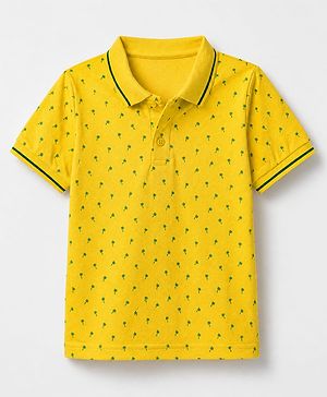 Pine Kids Cotton Knit Polo T-Shirt with Half Sleeves and Tropical Print - Yellow
