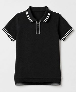 Pine Kids Cotton Knit Polo T-Shirt with Half Sleeves - Black