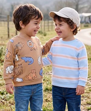 Babyhug 100% Cotton Terry Knit Striped Sweatshirts with Full Sleeves & Animal Print Pack of 2 - Light Blue & Brown