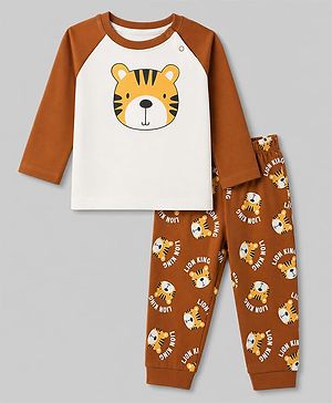 Babyhug 100% Cotton Knit Full Sleeves T-Shirt & Pyjama Night Suit with Lion King Print - Brown