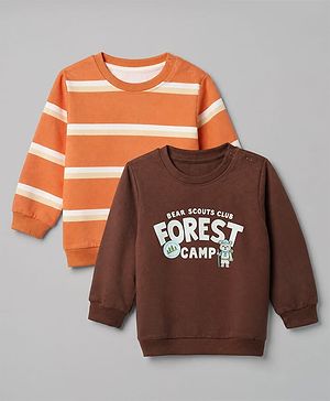 Babyhug 100% Cotton Terry Knit Sweatshirts with Full Sleeves and Bear Print in Pack of 2 in Brown & Orange