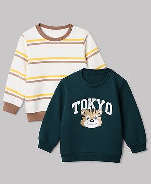 Babyhug 100% Cotton Heavy Gauge Terry Knit Striped Sweatshirts With Full Sleeves and Tiger Print Pack of 2 - Dark Green & Beige