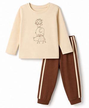 Babyhug 100% Cotton Knit Full Sleeves T-Shirt & Pyjama Night Suit with Animal Print - Brown