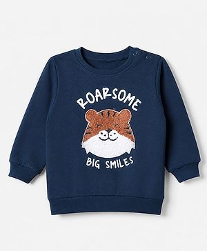 Babyhug 100% Cotton Terry Sweatshirt with Full Sleeves and Tiger Applique in Navy Blue for 6-9 Months