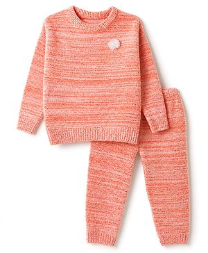 Babyhug Knit Full Sleeves Sweater Set with Floral Applique - Peach
