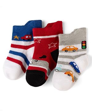 Cute Walk by Babyhug Cotton Knit Anti-bacterial Anti-skid Ankle Length Striped Socks With Animal & Star Design Pack of 3 - Grey, Red & White