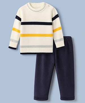 Babyhug Knit Full Sleeves Sweater and Pant with Stripes in White & Navy Blue