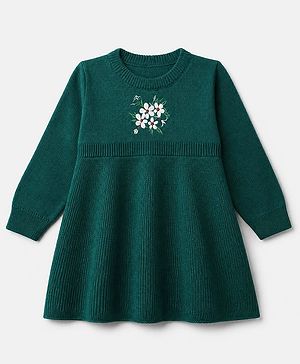 Babyhug Ribbed Knit Woollen Dress with Full Sleeves and Flowers Embroidery in Green