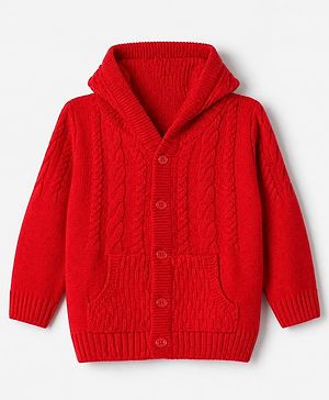 Babyhug Knit Full Sleeves Hooded Sweater with Cable Knit Design - Red