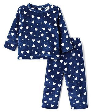 Babyhug Velour Knit Full Sleeves Co-ord T-shirt & Pyjama Winter Night Suit with Heart Print in Navy Blue